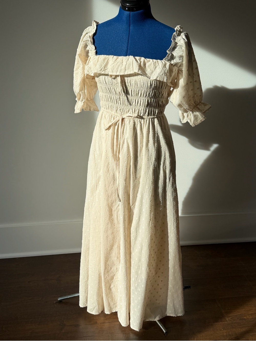 Smocked Bust Boho Midi Dress in Cream/Beige